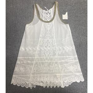 NWT Free People Ivory Lace Tank Top with Green Tweed Trim Sz Med. Boho Hippie